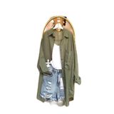 Durmaz Kadın Oversize Keten Gömlek, Kare Yaka, Cepli, Haki Yeşil, Standart Beden