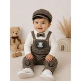 Durukoza Erkek Bebek Kasketli Papyonlu Salopet Takım %100 Pamuk 3'lü Şık Kombin 6-24 Ay - Kahve - 0 - 3 Ay