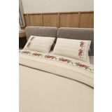 Durul Vintage Çift Kişilik Pike Takımı - %100 Pamuk, Kanaviçe Kırmızı Nakışlı, Güpür Detaylı - Bej