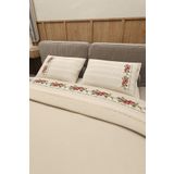 Durul Vintage Çift Kişilik Pike Takımı, Çarşaflı - %100 Pamuk, Kanaviçe Kırmızı Nakışlı, Güpürlü - Bej