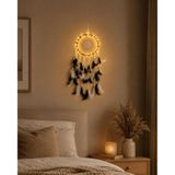 Düş Kapanı Led Işıklı Siyah Beyaz Tüylü El Yapımı Bohem Duvar Süsü 22 Cm Çap 60 Cm