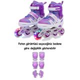 düşler oyuncak dünyası Mor Numara Ayarlanabilir Işıklı Alıştırma Çocuk Pateni (2+2 veya 2+1+1) ve Dizlik Dirseklik Seti