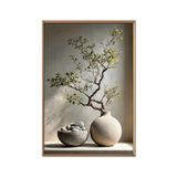 Duvar Tablosu 50x70 cm Ahşap Çerçeveli Wabi Sabi Doğa Temalı Dekoratif Tablo, Doğal Taş ve Bonsai Dalı Desenli Modern Zen Poster, Bej Toprak Tonları Salon Yatak Odası Ofis Duvar Dekoru
