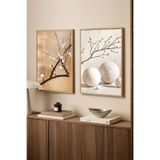 Duvar Tablosu Dekoratif Ahşap Çerçeveli Wabi-Sabi Stil Soyut Mimari Geometrik - Modern Salon Tablosu 2'li Kombin Set