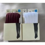 Düven 2'li Kız Çocuk Desenli Külotlu Çorap Knit Ted Model 80 Den Mevsimlik Pantyhose ( Bordo & Beyaz ) - 9-10 Yaş