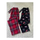DÜVEN Kadın Pijama Altı, 2'li Set, Kırmızı Ekose ve Siyah Kalp Desen, 2XL Beden