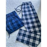 Düven Orta Kalın Unisex Ekose Büyük Kare Desenli 2'li Pijama Altı / Ultra Kalite Eşofman - Taş - Indigo - XL
