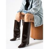 Duxal Shoes Kadın Deri Sivri Burun İnce Topuklu Çizme Şık Tasarım ve Konfor 7 cm Topuk - Acı Kahve
