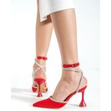Duxal Shoes Kırmızı Saten Kadın Topuklu Ayakkabı Bilekten Bağlamalı Orta Topuk