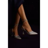 DUXAL SHOES Shoes Gümüş Renk Saten Bilekten Bağlamalı Şampanya Topuklu Kadın Ayakkabı