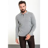 Düz Açık Gri Slim Fit Fermuarlı Polo Yaka Erkek Triko Kazak