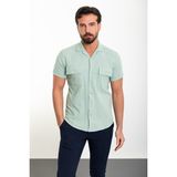 Düz Açık Yeşil Slim Fit Apaç Yaka Kısa Kollu Keten Erkek Gömlek