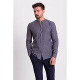 Düz Antrasit Rengi Slim Fit Hakim Yaka Basic Keten Erkek Gömlek - XL