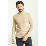 Düz Bej Rengi Slim Fit Tam Balıkçı Yaka Erkek Kazak