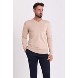 Düz Bej Rengi Slim Fit V Yaka Erkek Kazak