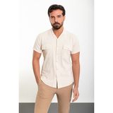 Düz Bej Slim Fit Apaç Yaka Kısa Kollu Keten Erkek Gömlek - XL