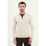 Düz Bej Slim Fit Fermuarlı Polo Yaka Erkek Triko Kazak - XL