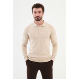 Düz Bej Slim Fit Polo Yaka Erkek Triko Kazak