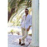Düz Beyaz Renk Slim Fit Hakim Yaka Basic Keten Erkek Gömlek