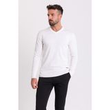 Düz Beyaz Renk Slim Fit V Yaka Erkek Kazak - Ekru