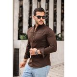 Düz Çıtçıtlı Slim Fit Kot Gömlek - 2XL - Kahve