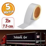 Düz Desensiz En 7.5 Cm 5 Mt İkaz Bandı Reflektif Metalize Gri Renk Gece Parlayan Reflektörlü Bant