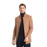 Düz Erkek Regular Fit Dik Yaka Kaşe Kaban Koyu Camel 50