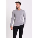 Düz Gri Renk Slim Fit V Yaka Erkek Kazak - Açık Gri - 2XL