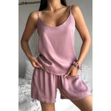 Düz Gül Kurusu Askılı ve Şortlu Floş Saten Pijama Takımı - XL