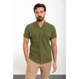 Düz Haki Slim Fit Apaç Yaka Kısa Kollu Keten Erkek Gömlek - XL