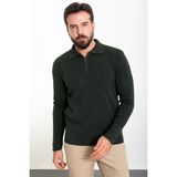 Düz Haki Slim Fit Fermuarlı Polo Yaka Erkek Triko Kazak