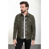 Düz Haki Slim Fit Gömlek Yaka Suni Deri Erkek Mont - 54