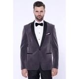Düz Kadife Tek Düğmeli Koyu Gri Erkek Ceket | Wessi