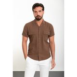 Düz Kahverengi Slim Fit Apaç Yaka Kısa Kollu Keten Erkek Gömlek - XL