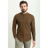 Düz Kahverengi Slim Fit Hakim Yaka Basic Keten Erkek Gömlek