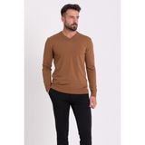 Düz Kamel Rengi Slim Fit Erkek V Yaka Kazak