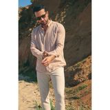 Düz Kamel Rengi Slim Fit Hakim Yaka Basic Keten Erkek Gömlek