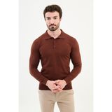 Düz Kiremit Rengi Slim Fit Polo Yaka Erkek Triko Kazak - XL