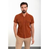 Düz Kiremit Slim Fit Apaç Yaka Kısa Kollu Keten Erkek Gömlek