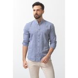 Düz Koyu Lacivert Slim Fit Hakim Yaka Basic Keten Erkek Gömlek - XL