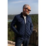 Düz Lacivert Slim Fit Hakim Yaka Süet Erkek Mont - 56