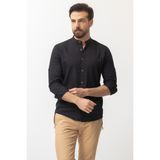 Düz Siyah Renk Slim Fit Hakim Yaka Basic Keten Erkek Gömlek - XL