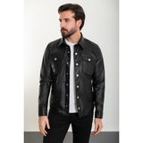 Düz Siyah Slim Fit Gömlek Yaka Suni Deri Erkek Mont - 54