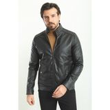 Düz Siyah Slim Fit Hakim Yaka Suni Deri Erkek Mont - 52