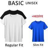 Düz Siyah ve Düz Beyaz Ikili Basic Unisex Regular Fit Tişört (Mavi Slim Fit Tişört Hediyeli)