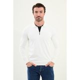 Düz Slim Fit Fermuarlı Polo Yaka Erkek Triko Kazak - Ekru - XL