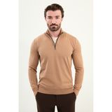 Düz Slim Fit Fermuarlı Yarım Balıkçı Erkek Triko Kazak - Karamel