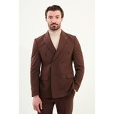 Düz Slim Fit Geniş Yaka Kruvaze Erkek Takım Elbise - 52 - Kahverengi - 6 Drop