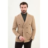 Düz Slim Fit Geniş Yaka Kruvaze Metal Düğmeli Erkek Ceket - Bej - 50