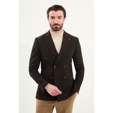 Düz Slim Fit Geniş Yaka Kruvaze Metal Düğmeli Erkek Ceket - Kahverengi - 50